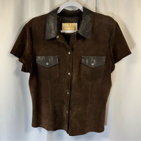 Margaret Godfrey Vintage Brown Leather Short Sleeve Button Down Shirt L - Picture 2 of 9